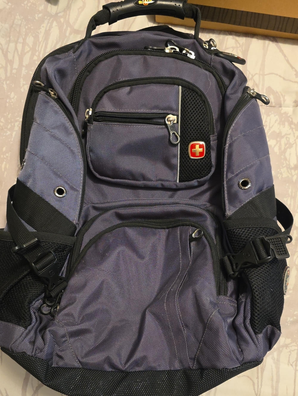 Men's Grey and Black Travel Backpack with Swiss-Style Emblem